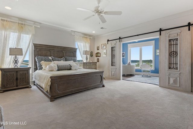 bedroom featuring ceiling fan, light carpet, ornamental molding, and access to exterior