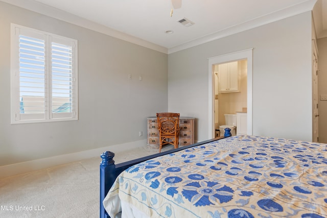 bedroom with connected bathroom, ceiling fan, carpet flooring, and ornamental molding