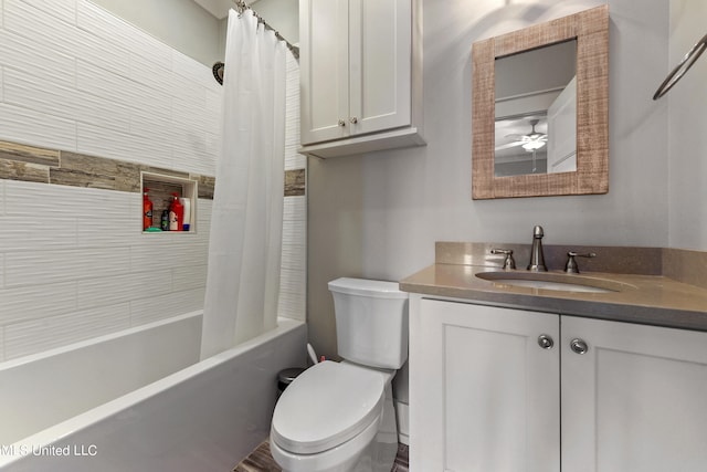 full bathroom with toilet, shower / tub combo with curtain, and vanity