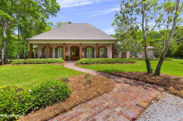 100 Stonebridge Dr, Madison, MS 39110 - view of front facade featuring covered porch, a front yard, a chimney, and brick siding