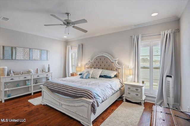 38 Savannah Cir, Brandon, MS 39047 - bedroom featuring multiple windows, ornamental molding, wood finished floors, a ceiling fan, and recessed lighting