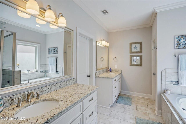 38 Savannah Cir, Brandon, MS 39047 - full bath featuring a bath, two vanities, a shower stall, and crown molding