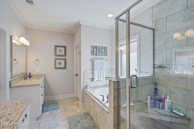 38 Savannah Cir, Brandon, MS 39047 - full bathroom featuring vanity, a garden tub, a shower stall, and crown molding