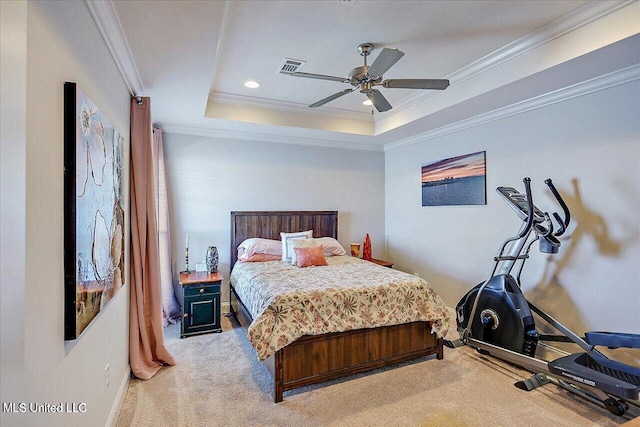 38 Savannah Cir, Brandon, MS 39047 - bedroom featuring light colored carpet, ornamental molding, a raised ceiling, ceiling fan, and recessed lighting