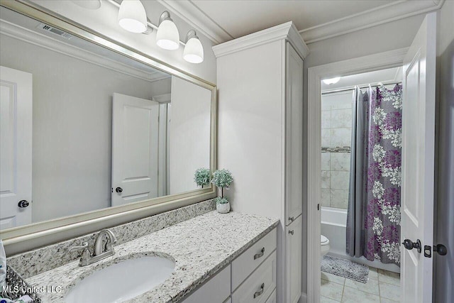38 Savannah Cir, Brandon, MS 39047 - full bath featuring vanity, ornamental molding, tile patterned flooring, and shower / bathtub combination with curtain