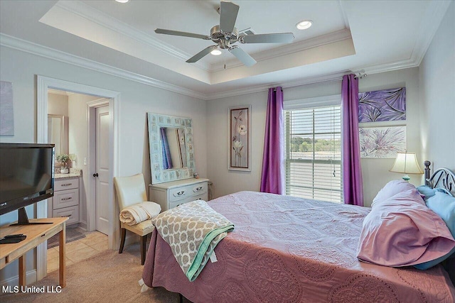 38 Savannah Cir, Brandon, MS 39047 - bedroom with a tray ceiling, ornamental molding, light colored carpet, and ceiling fan