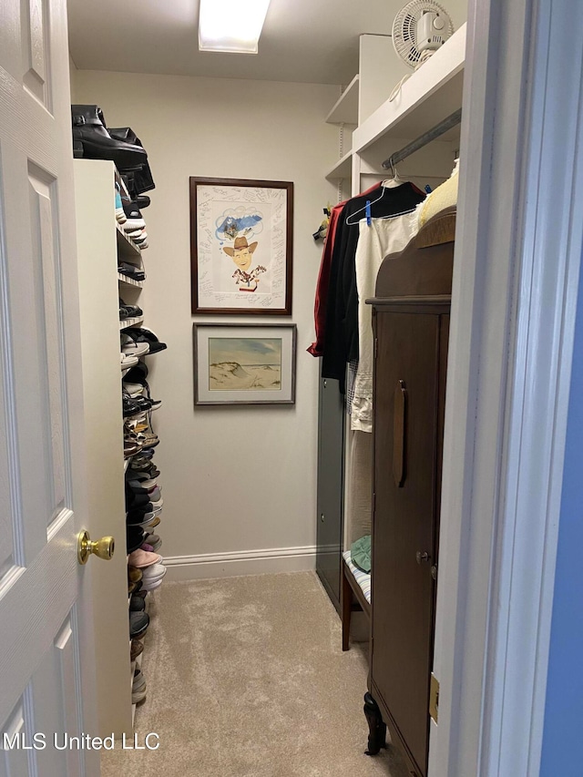 walk in closet featuring light carpet