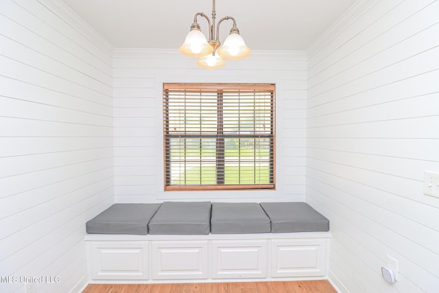 206 Oak Park Dr, Pearl, MS 39208 - mudroom featuring a chandelier, light wood-style flooring, ornamental molding, and wood walls