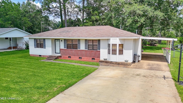 206 Oak Park Dr, Pearl, MS 39208 - view of front of property featuring crawl space, driveway, a front lawn, roof with shingles, and an attached carport
