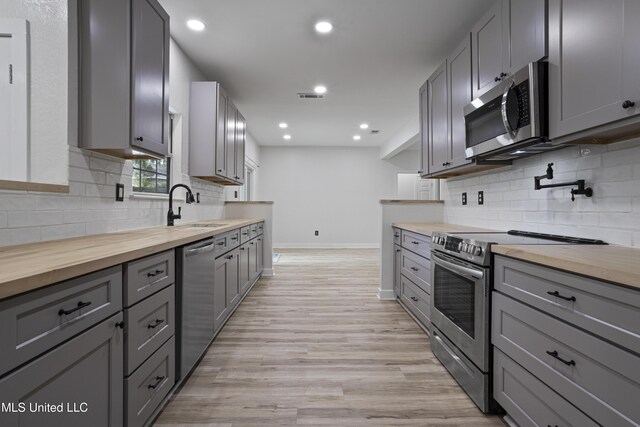 8839 Moanalua Way, Diamondhead, MS 39525 - kitchen featuring stainless steel appliances, gray cabinets, wooden counters, decorative backsplash, and recessed lighting