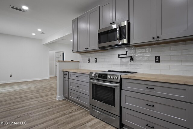 8839 Moanalua Way, Diamondhead, MS 39525 - kitchen with stainless steel appliances, gray cabinets, wooden counters, decorative backsplash, and light wood-style flooring