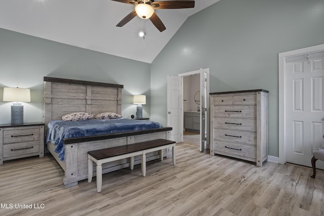8839 Moanalua Way, Diamondhead, MS 39525 - bedroom featuring high vaulted ceiling, light wood-type flooring, and a ceiling fan