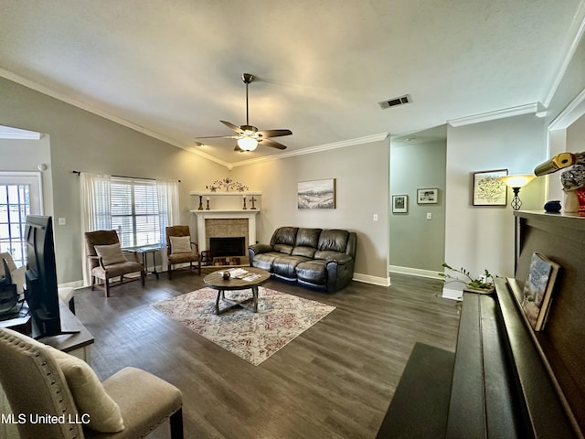 living room featuring a tile fireplace, plenty of natural light, and dark hardwood / wood-style flooring