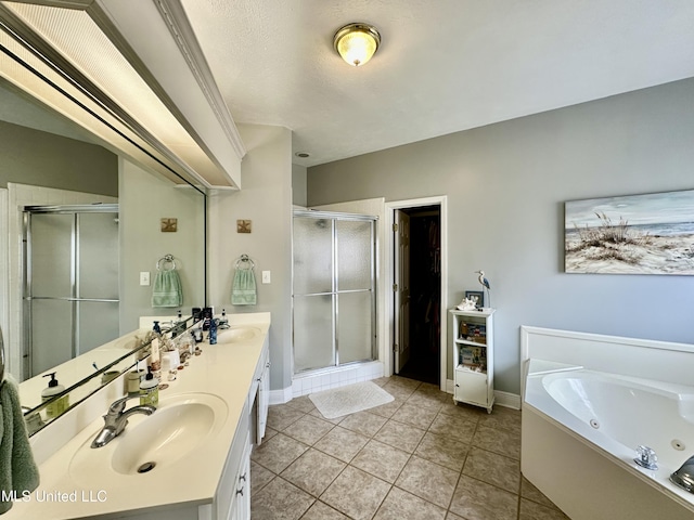 bathroom featuring vanity, tile patterned flooring, and independent shower and bath