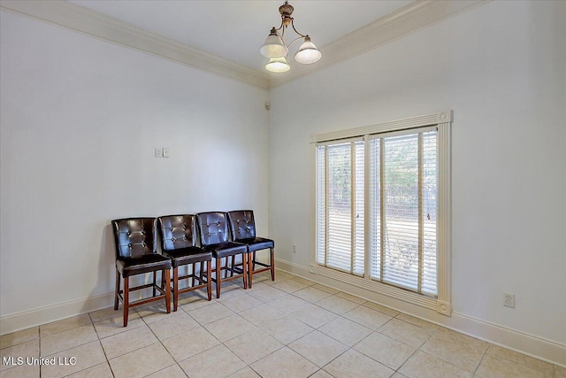 sitting room with a notable chandelier, ornamental molding, light tile patterned floors, and a wealth of natural light