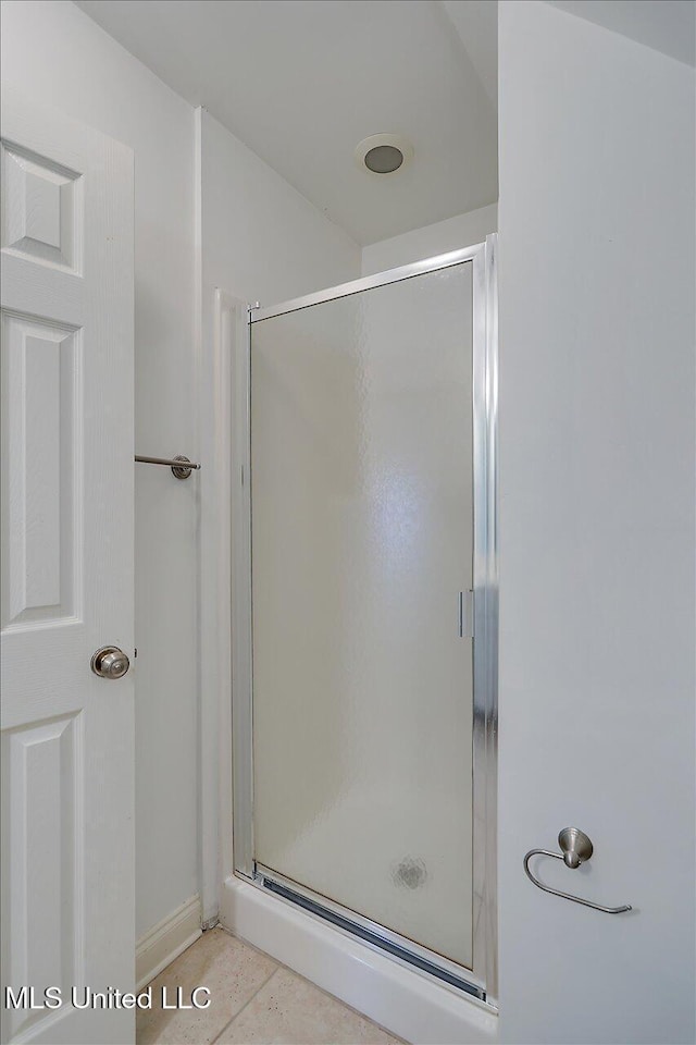 bathroom featuring a shower with shower door