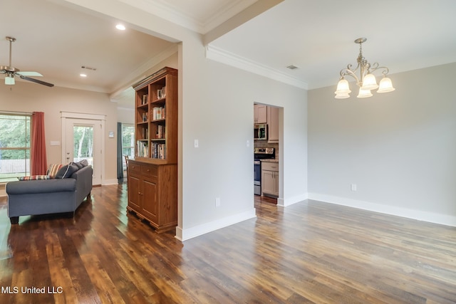 508 Dynsmore Pl, Long Beach, MS 39560 - living room with dark wood-style flooring, a chandelier, ceiling fan, crown molding, and recessed lighting