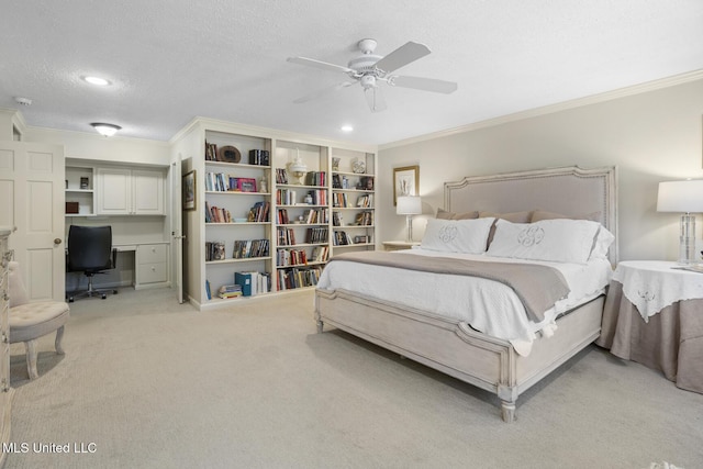 bedroom with light carpet, crown molding, a textured ceiling, and ceiling fan