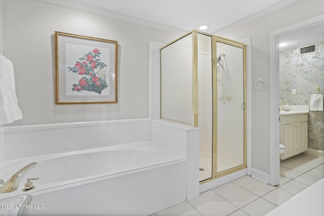 bathroom with a shower stall, tile patterned flooring, visible vents, and vanity