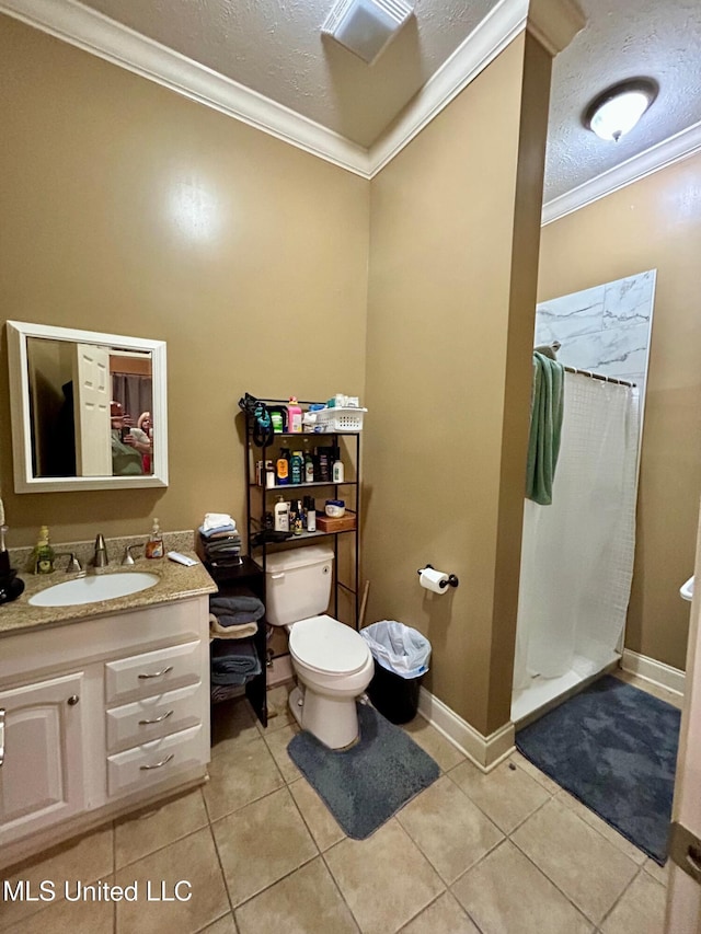 309 College St, Carthage, MS 39051 - bathroom featuring toilet, crown molding, a textured ceiling, and a shower stall