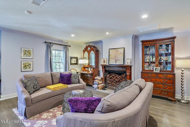 living room featuring crown molding and wood-type flooring