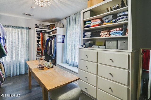 spacious closet featuring dark hardwood / wood-style flooring