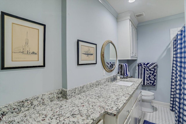 bathroom with a shower with shower curtain, toilet, vanity, ornamental molding, and tile patterned flooring