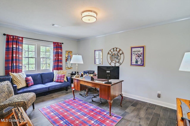 office area with ornamental molding and dark hardwood / wood-style floors