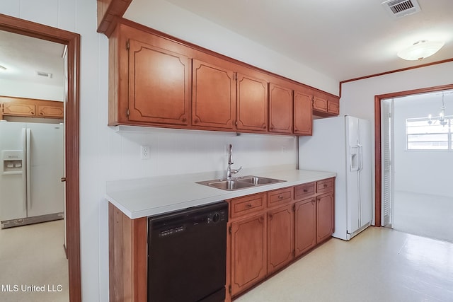 kitchen with black dishwasher, sink, and white fridge with ice dispenser