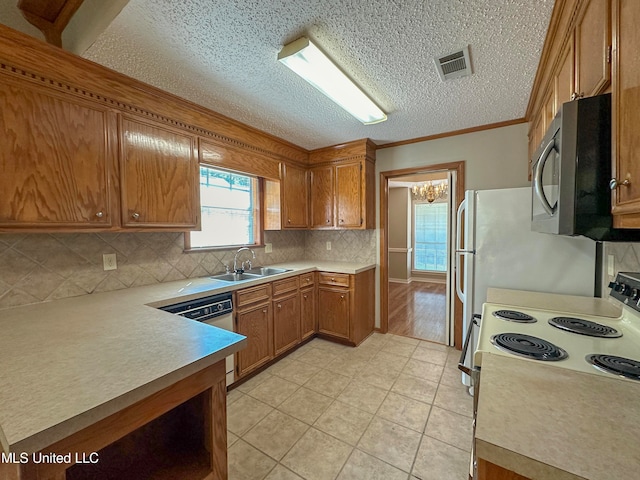 kitchen with light tile patterned floors, white electric range, ornamental molding, dishwasher, and sink