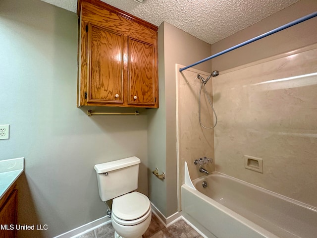 full bathroom with toilet, a textured ceiling, vanity, and  shower combination