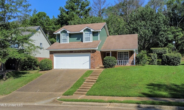 view of front facade featuring an attached garage, a front yard, brick siding, a porch, and driveway
