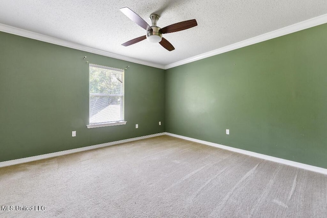 1585 Knoll Ct, Biloxi, MS 39532 - unfurnished room with a ceiling fan, ornamental molding, a textured ceiling, carpet floors, and baseboards