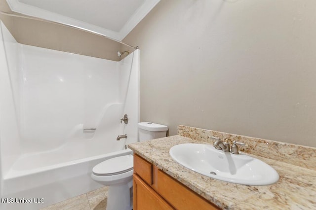 1585 Knoll Ct, Biloxi, MS 39532 - bathroom with bathtub / shower combination, toilet, vanity, tile patterned floors, and ornamental molding