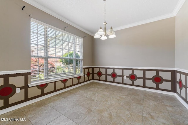 1585 Knoll Ct, Biloxi, MS 39532 - spare room with ornamental molding, a chandelier, a wainscoted wall, and a decorative wall