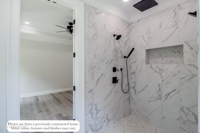 full bath with ceiling fan, wood finished floors, baseboards, a marble finish shower, and recessed lighting