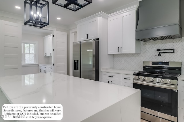 kitchen featuring tasteful backsplash, custom exhaust hood, stainless steel appliances, and white cabinetry