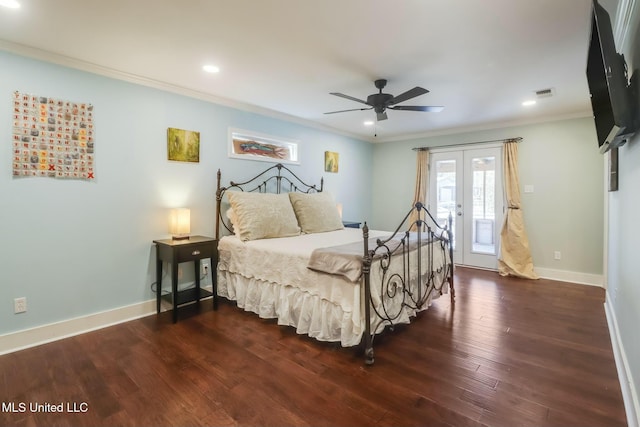 bedroom featuring crown molding, dark wood finished floors, visible vents, access to outside, and baseboards