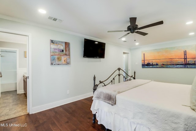 bedroom with baseboards, visible vents, wood finished floors, crown molding, and recessed lighting