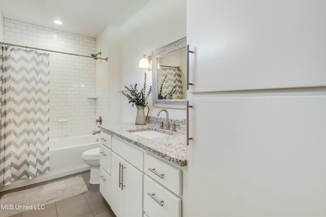 full bath featuring recessed lighting, toilet, shower / tub combo, vanity, and tile patterned floors