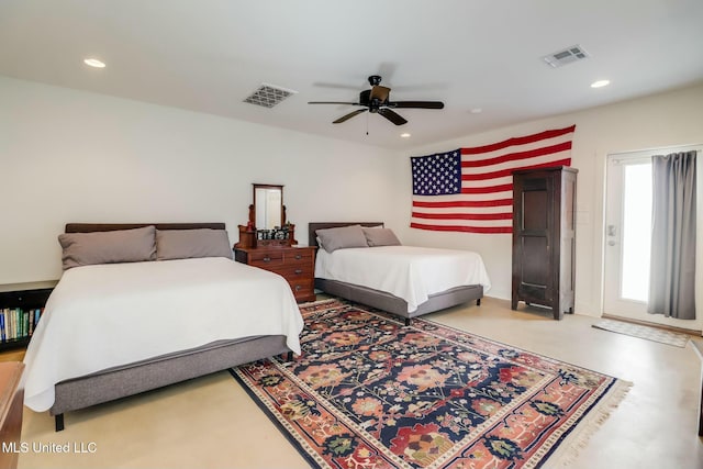 bedroom with a ceiling fan, recessed lighting, and visible vents