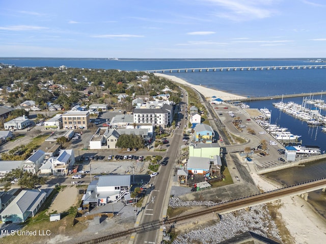 drone / aerial view with a water view