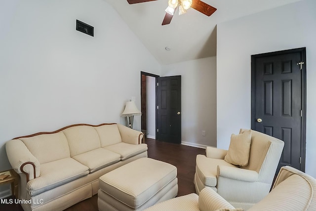 living area featuring ceiling fan, high vaulted ceiling, wood finished floors, and baseboards