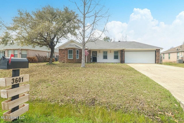 ranch-style house with driveway, a garage, brick siding, central AC, and a front yard