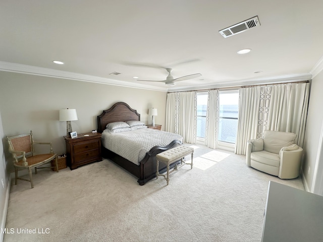 122 Breakers Ln, Ridgeland, MS 39157 - bedroom featuring recessed lighting, visible vents, ornamental molding, and light carpet