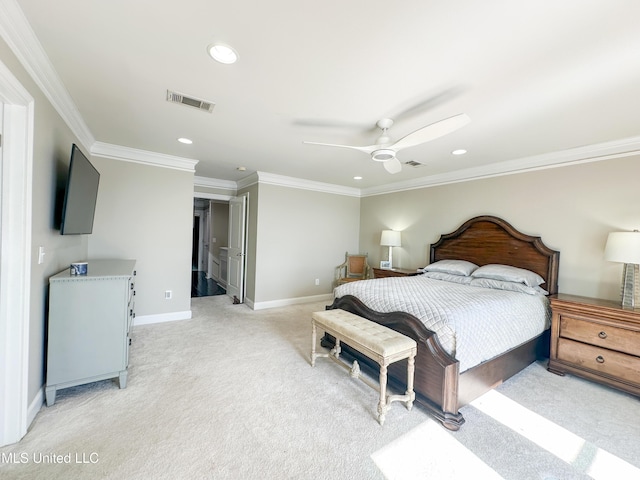 122 Breakers Ln, Ridgeland, MS 39157 - bedroom with light colored carpet, ornamental molding, visible vents, and recessed lighting