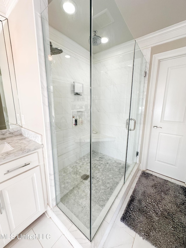 122 Breakers Ln, Ridgeland, MS 39157 - bathroom with a stall shower, tile patterned flooring, visible vents, and vanity
