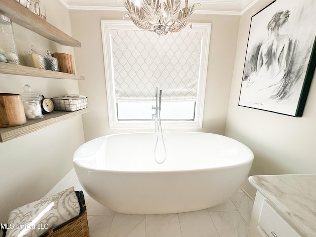122 Breakers Ln, Ridgeland, MS 39157 - full bathroom featuring a chandelier, ornamental molding, a freestanding bath, and vanity