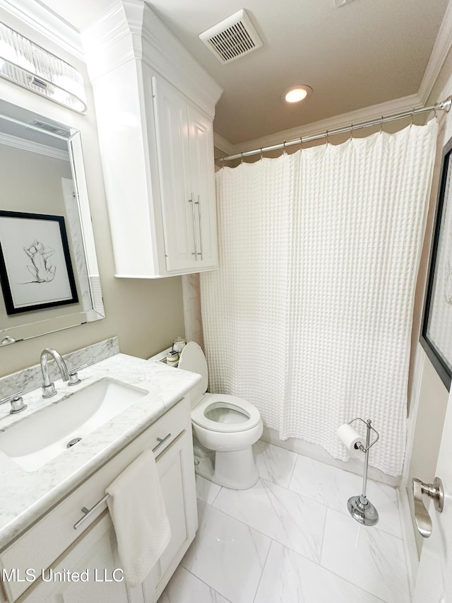 122 Breakers Ln, Ridgeland, MS 39157 - bathroom with toilet, marble finish floor, ornamental molding, visible vents, and vanity