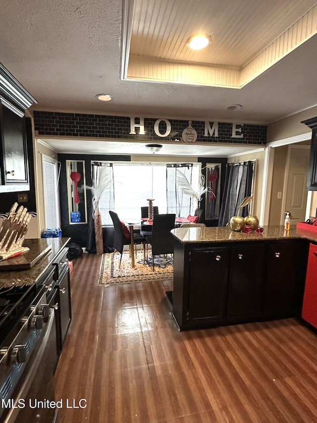 1052 Briarfield Rd, Jackson, MS 39211 - kitchen with dark wood finished floors, dark cabinets, dark stone countertops, a raised ceiling, and stainless steel range with gas stovetop